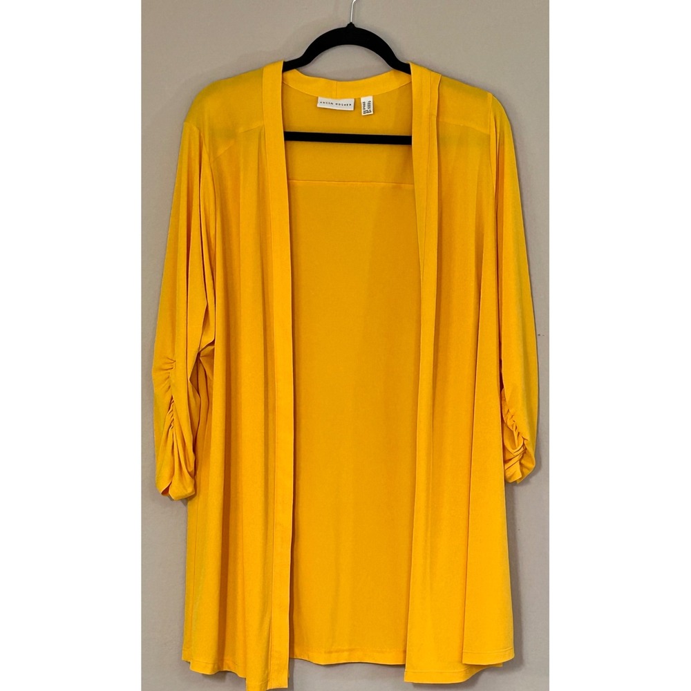Susan Graver Liquid Knit Cardigan Yellow Ruched 3/4 Sleeve Open Front 2X A263004